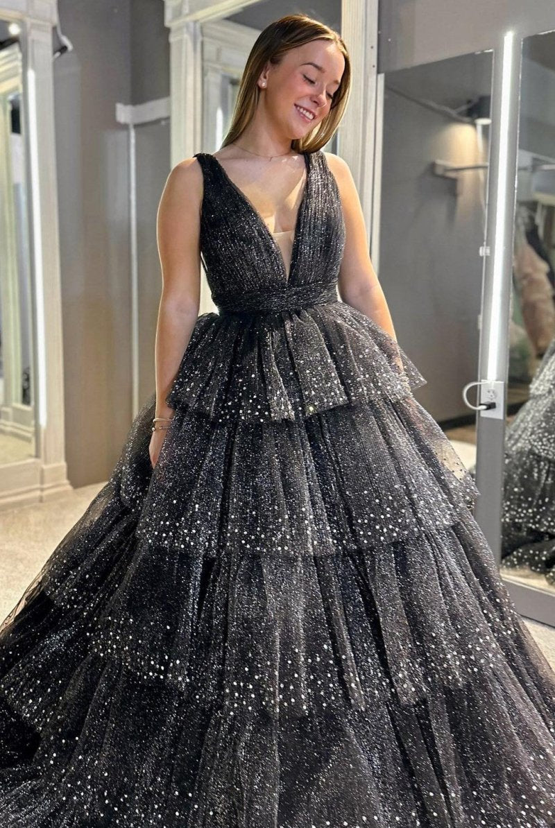 Khloe | Lavender Tulle Sequin V - Neck Ruffle Tiered Long Prom Dress - KissProm