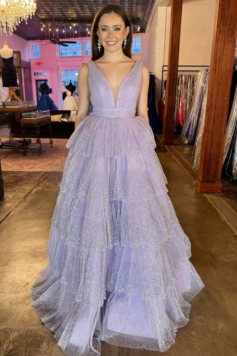 Khloe | Lavender Tulle Sequin V - Neck Ruffle Tiered Long Prom Dress - KissProm