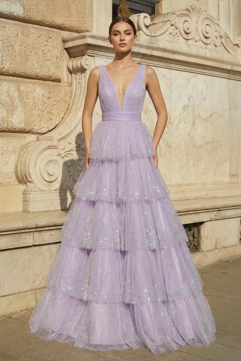 KissProm Lavender Tulle Sequin V-Neck Ruffle Tiered Long Prom Dress, Yellow / 18