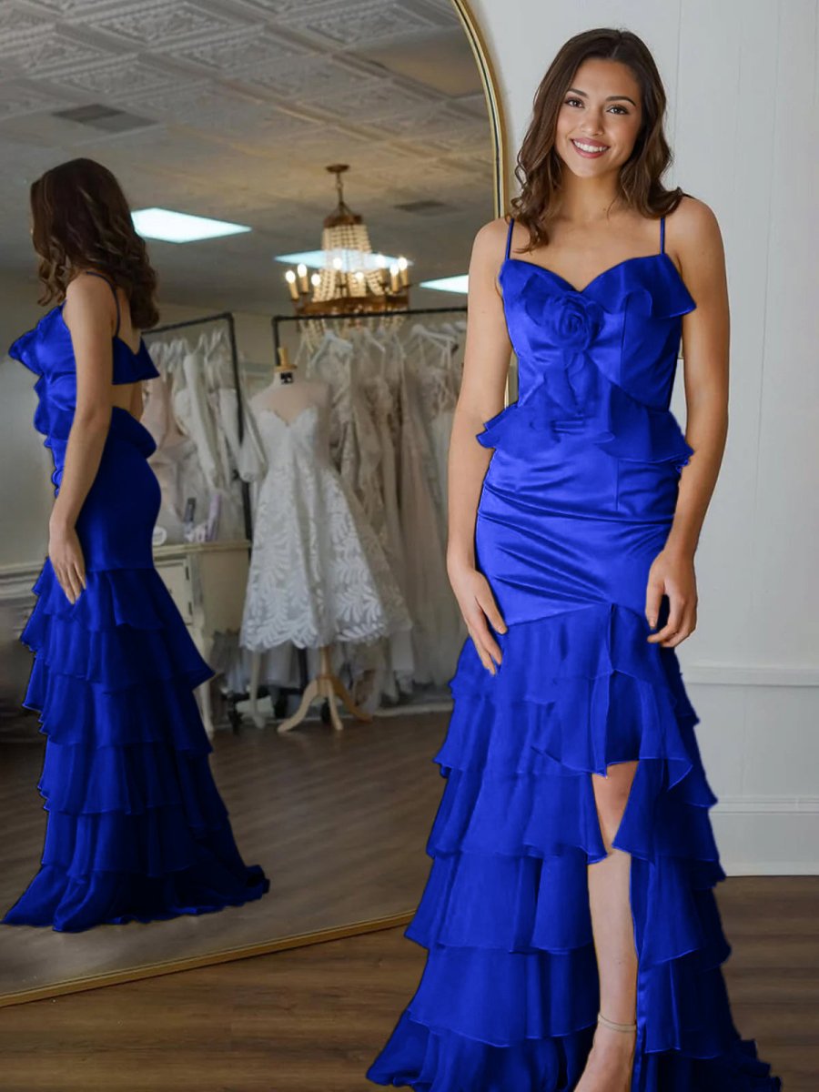 Khris | Mermaid V-Neck Yellow Ruffle Chiffon Long Prom Dresses with Flower