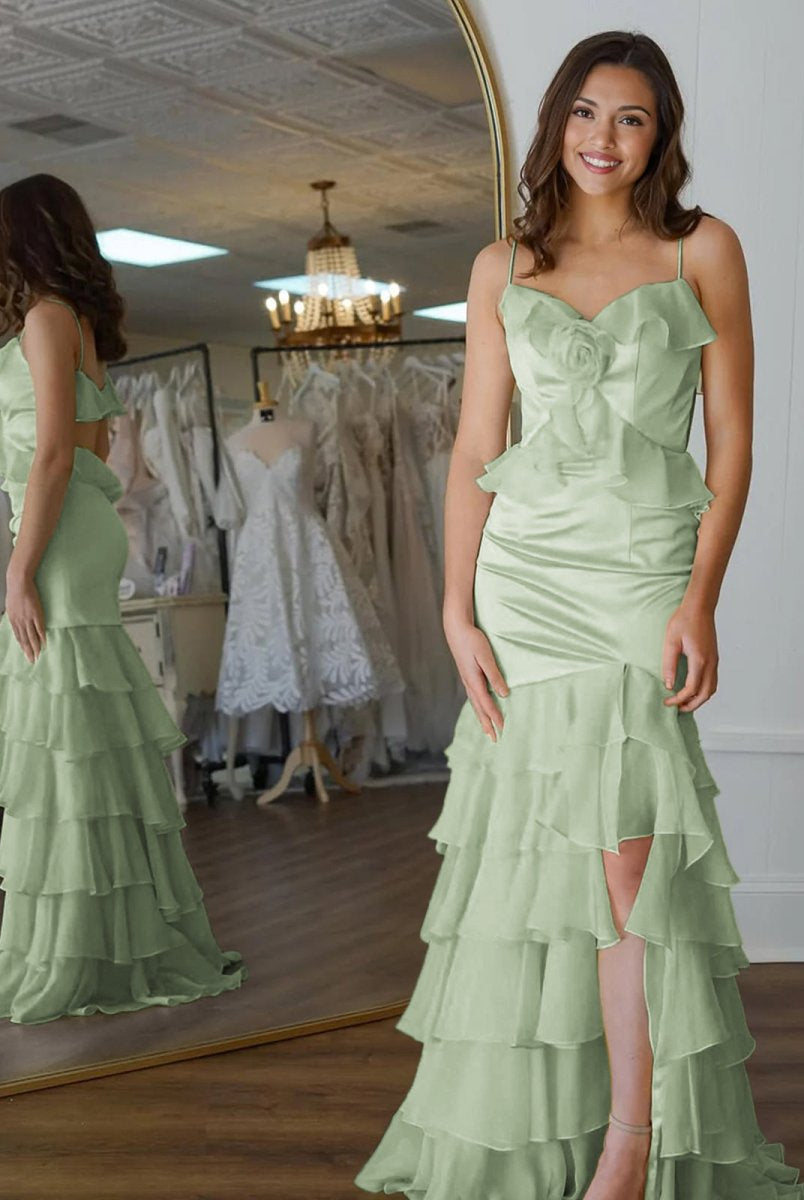 Khris | Mermaid V-Neck Yellow Ruffle Chiffon Long Prom Dresses with Flower