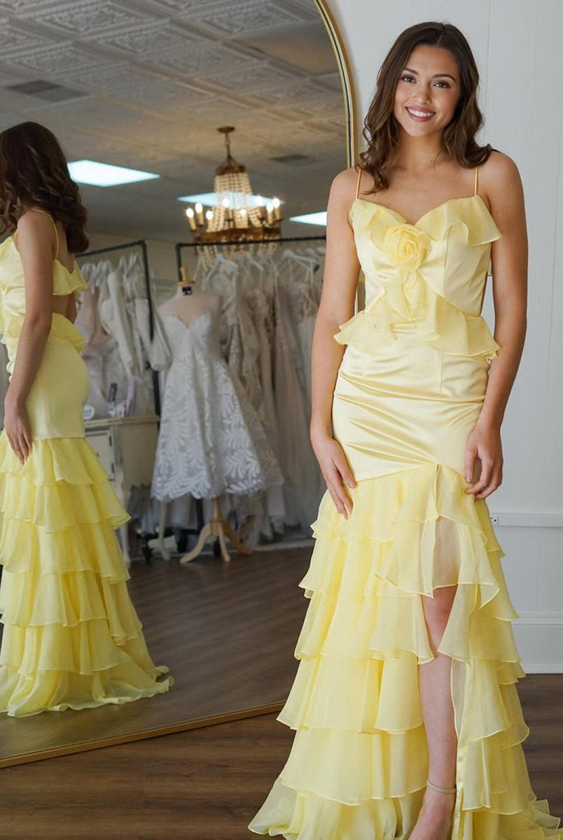 Khris | Mermaid V-Neck Yellow Ruffle Chiffon Long Prom Dresses with Flower