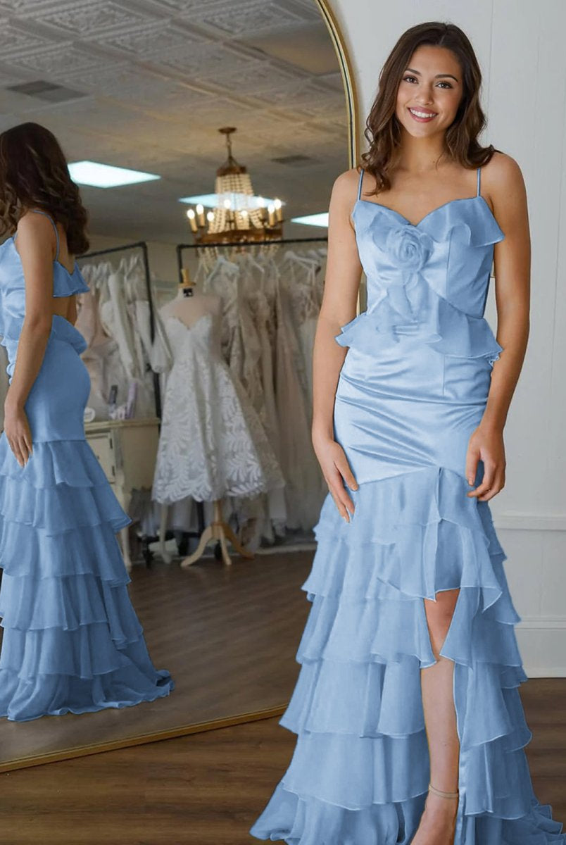 Khris | Mermaid V-Neck Yellow Ruffle Chiffon Long Prom Dresses with Flower