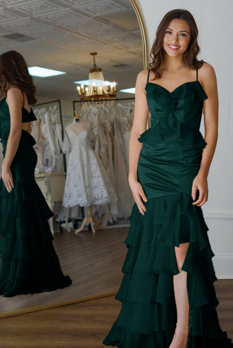 Khris | Mermaid V-Neck Yellow Ruffle Chiffon Long Prom Dresses with Flower