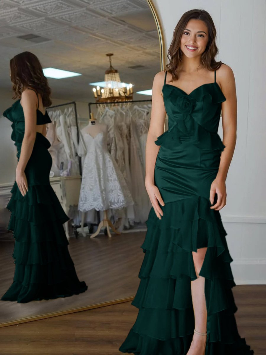 Khris | Mermaid V-Neck Yellow Ruffle Chiffon Long Prom Dresses with Flower