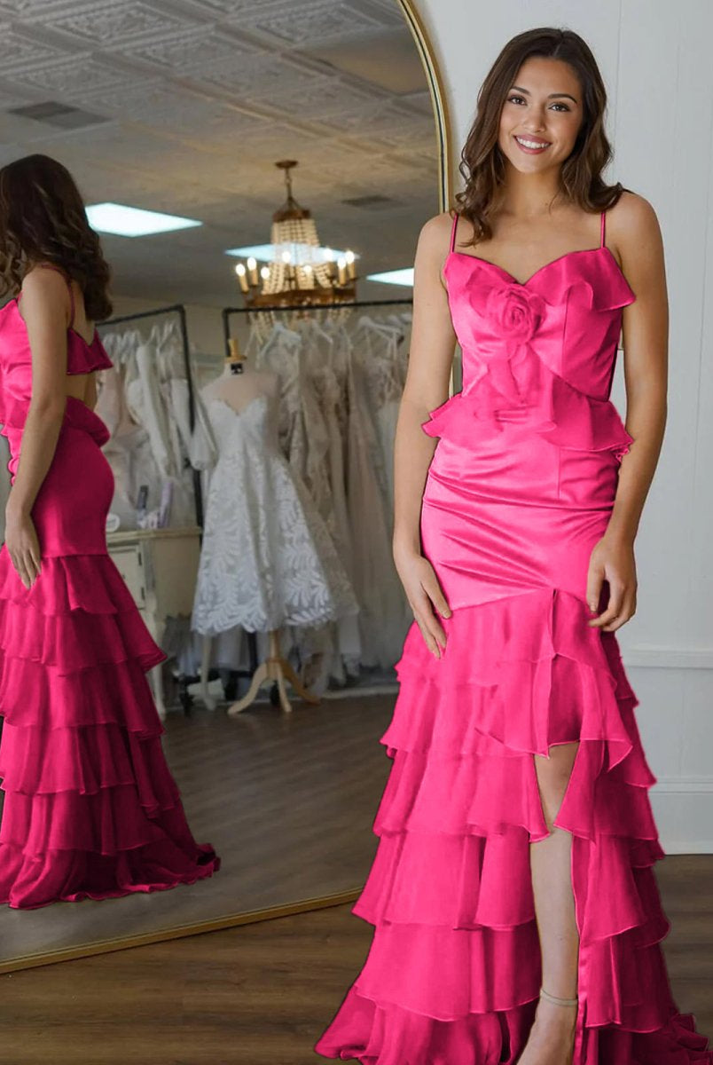 Khris | Mermaid V-Neck Yellow Ruffle Chiffon Long Prom Dresses with Flower