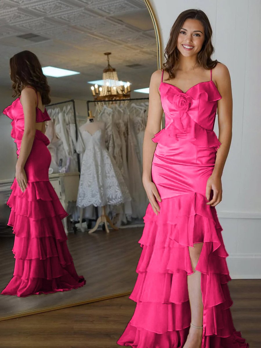 Khris | Mermaid V-Neck Yellow Ruffle Chiffon Long Prom Dresses with Flower