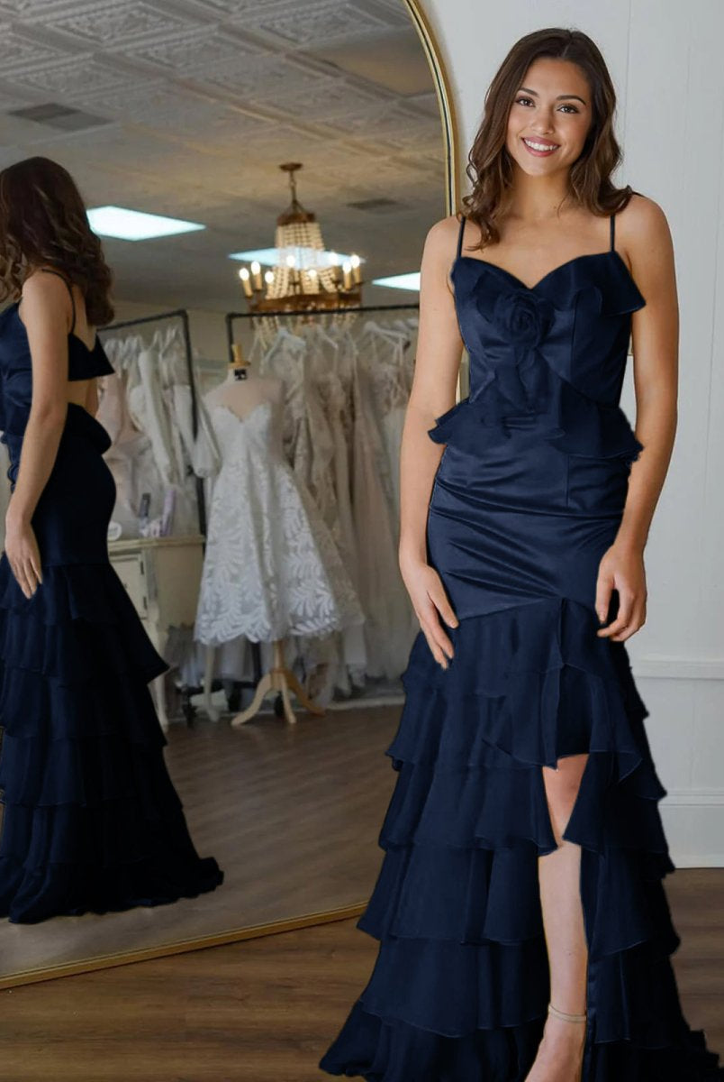 Khris | Mermaid V-Neck Yellow Ruffle Chiffon Long Prom Dresses with Flower