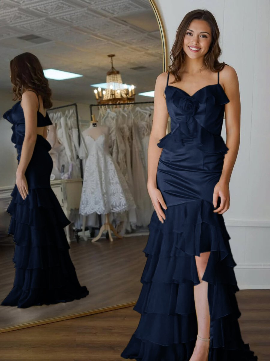 Khris | Mermaid V-Neck Yellow Ruffle Chiffon Long Prom Dresses with Flower