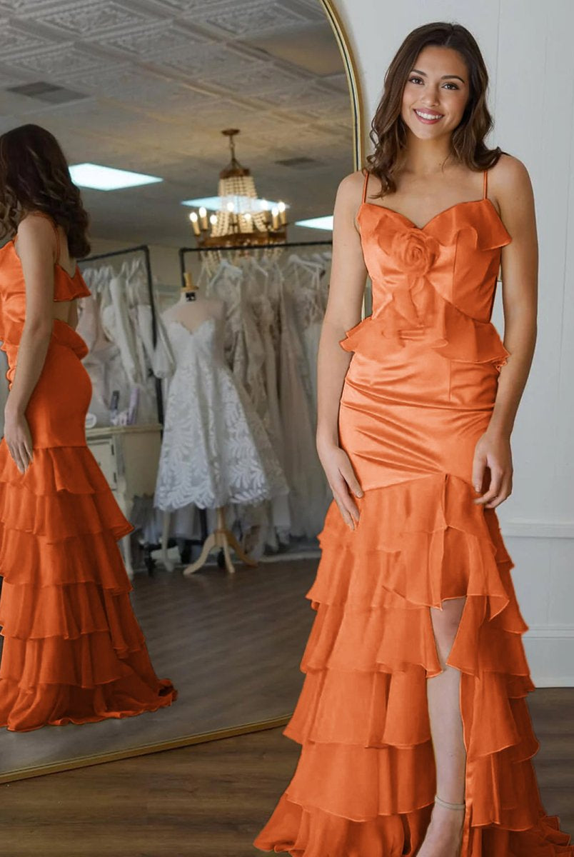 Khris | Mermaid V-Neck Yellow Ruffle Chiffon Long Prom Dresses with Flower