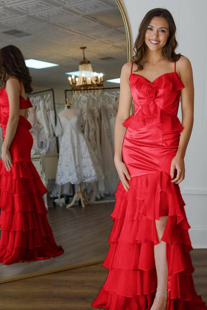 Khris | Mermaid V-Neck Yellow Ruffle Chiffon Long Prom Dresses with Flower