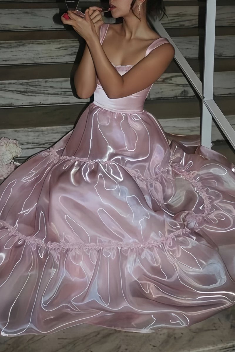 Kiella | Pink - Square Neck A Line Organza Long Formal Prom Dresses With Lace - KissProm