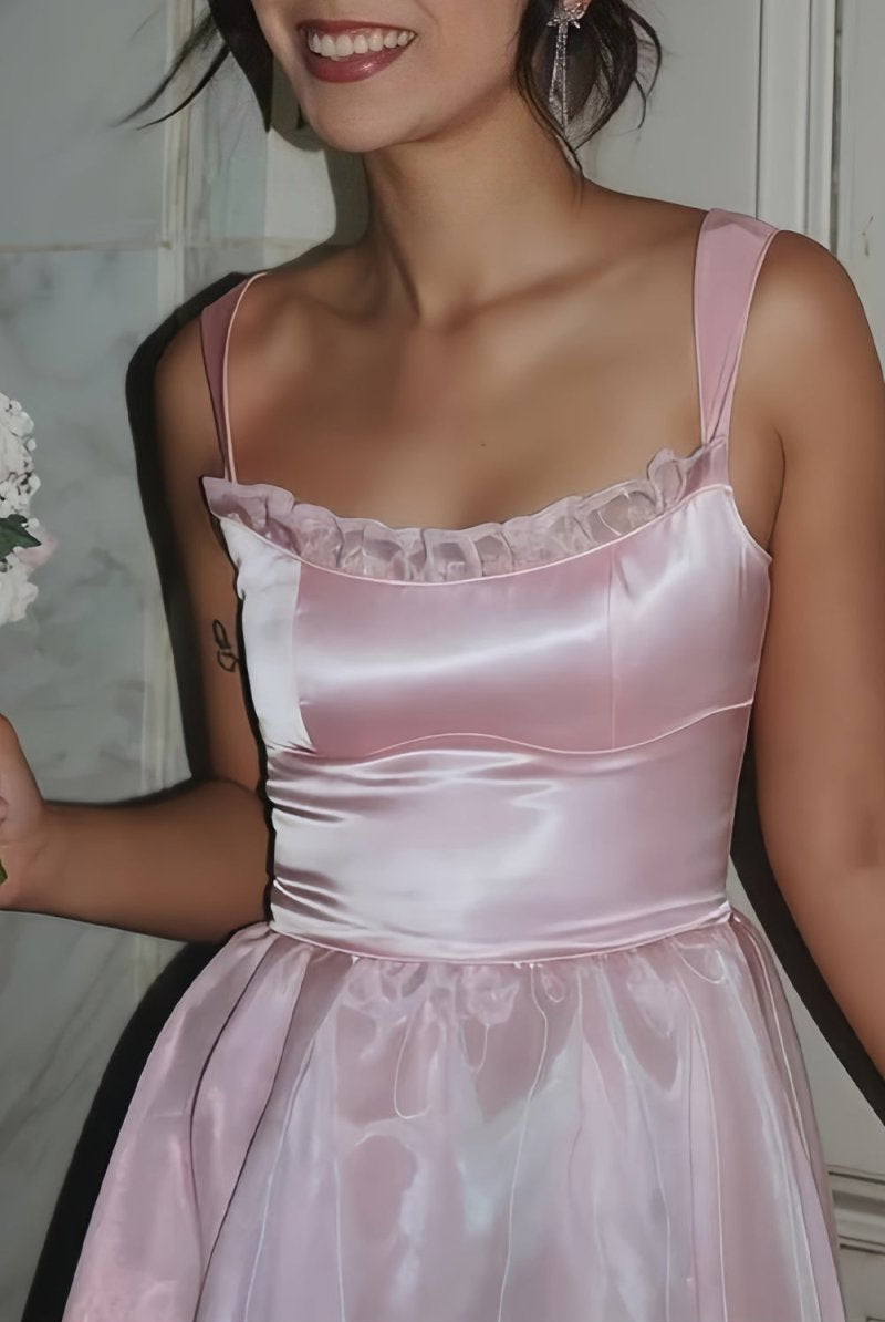Kiella | Pink - Square Neck A Line Organza Long Formal Prom Dresses With Lace - KissProm
