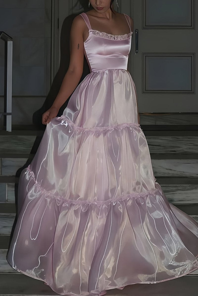 Kiella | Pink - Square Neck A Line Organza Long Formal Prom Dresses With Lace - KissProm