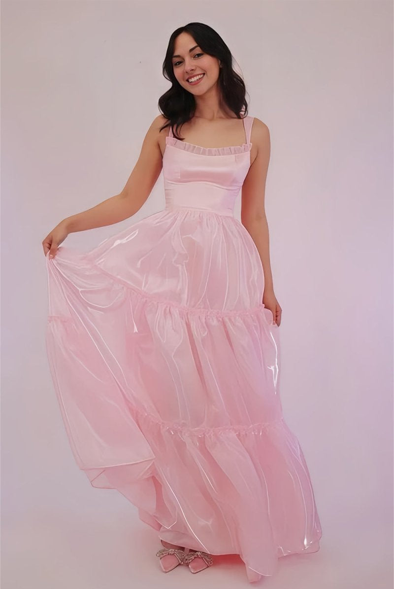 Kiella | Pink - Square Neck A Line Organza Long Formal Prom Dresses With Lace - KissProm