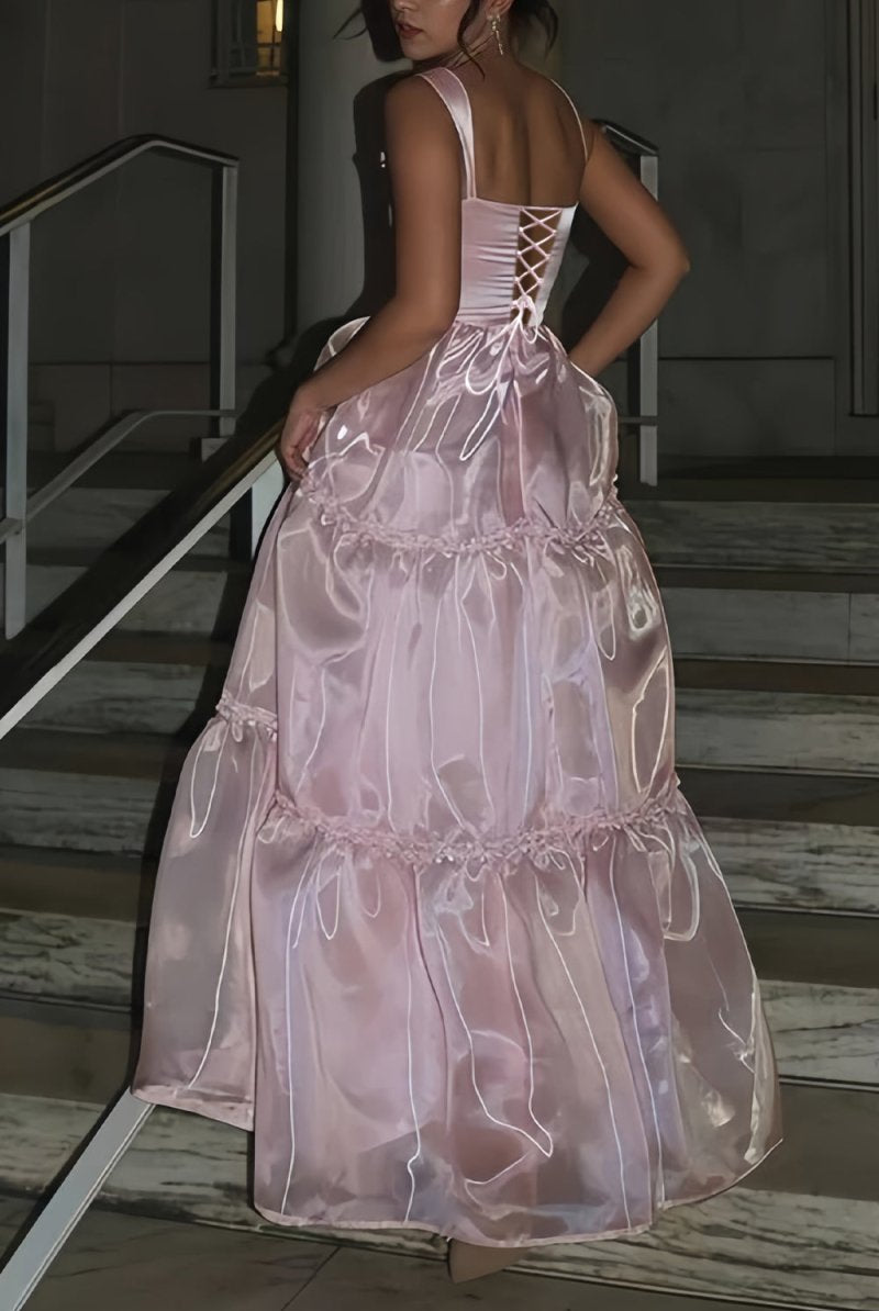 Kiella | Pink - Square Neck A Line Organza Long Formal Prom Dresses With Lace - KissProm