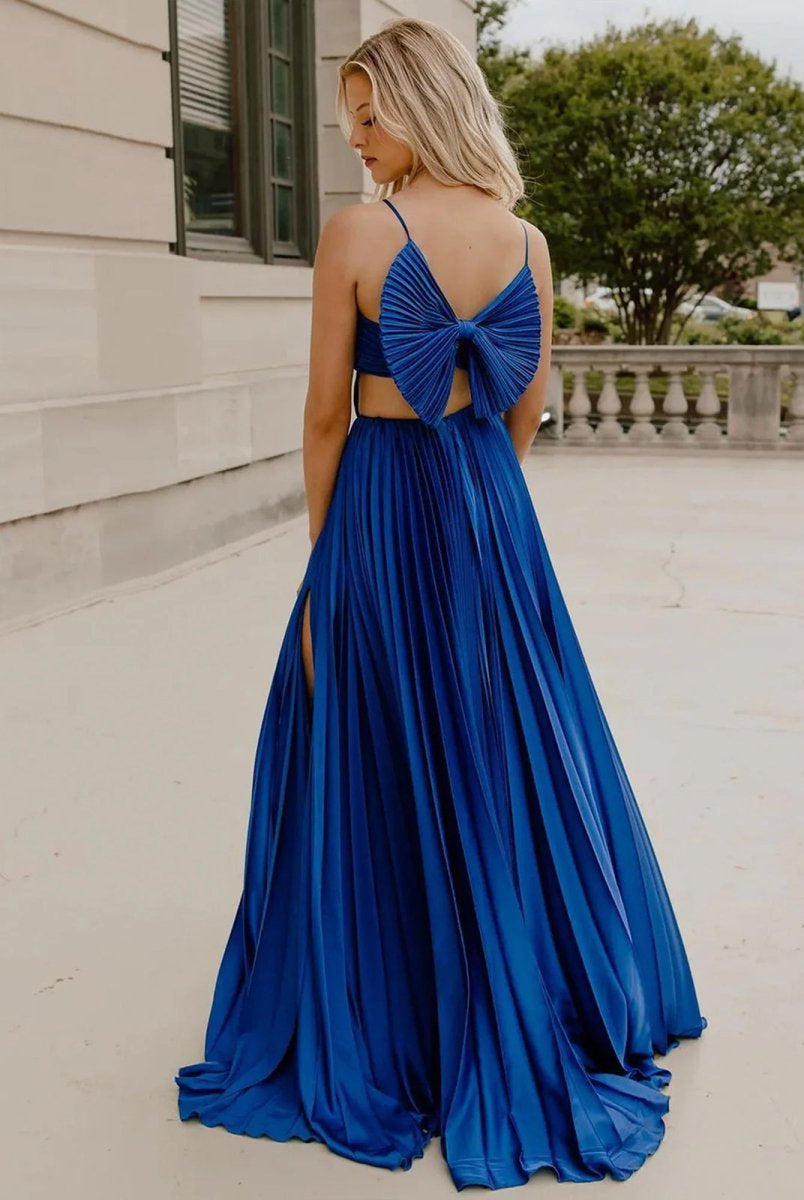 Kimia | A - Line Straps Royal Blue Pleated Chiffon Long Formal Dress with Bow Back - KissProm