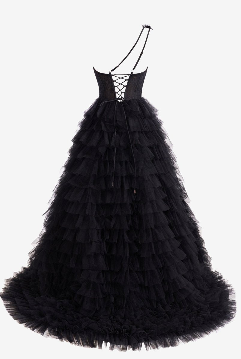Kinsley | Black A Line One Shoulder Tiered Long Prom Dress - KissProm