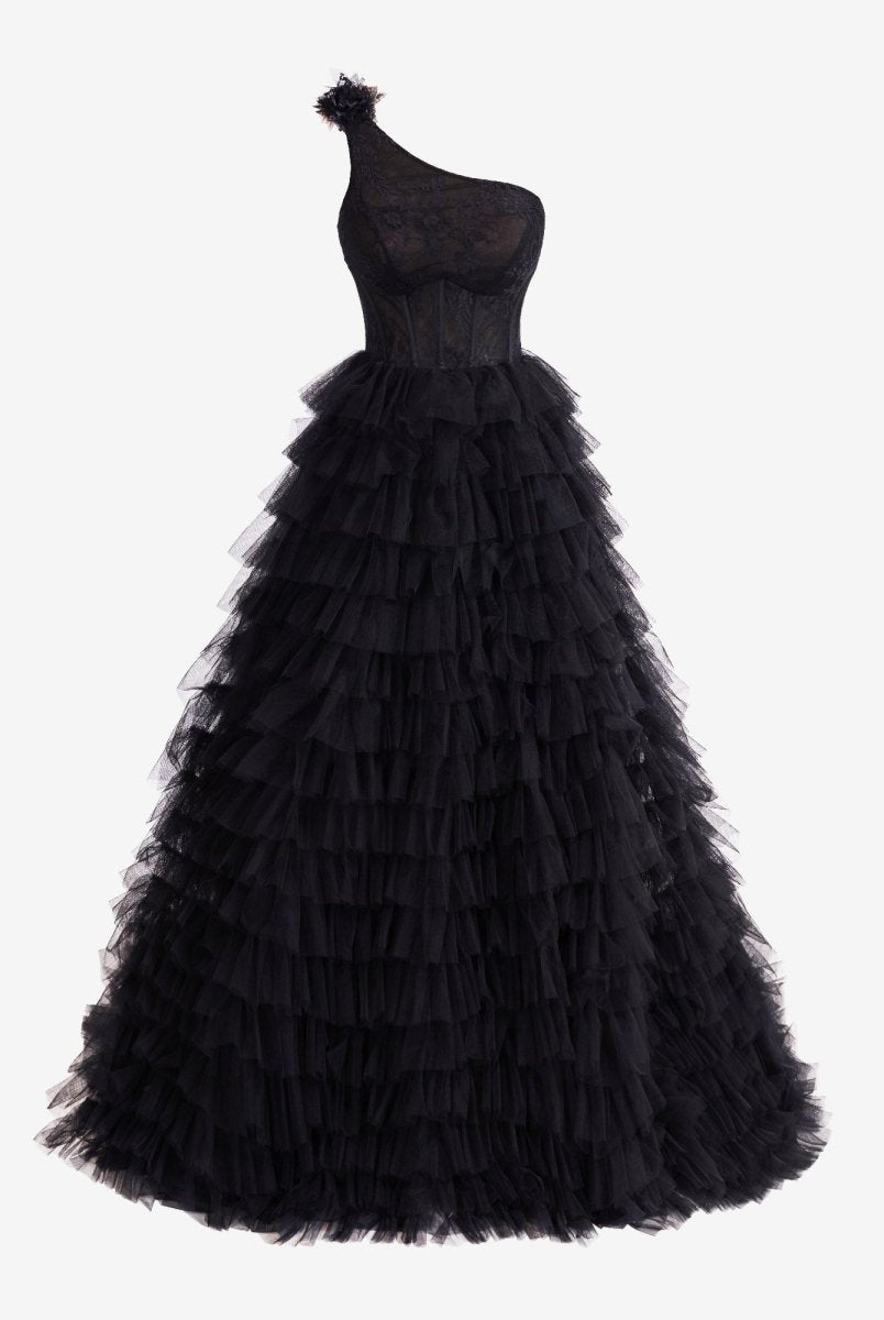 Kinsley | Black A Line One Shoulder Tiered Long Prom Dress - KissProm