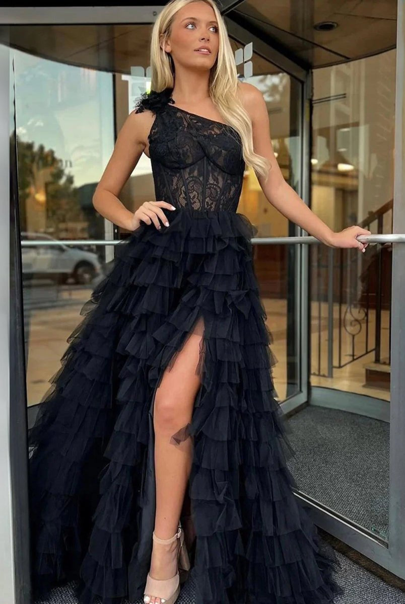 Kinsley | Black A Line One Shoulder Tiered Long Prom Dress - KissProm