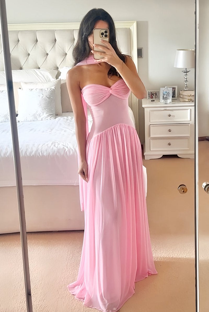 Kiora | Pink - Strapless A Line Chiffon Pleated Long Prom Dresses - KissProm