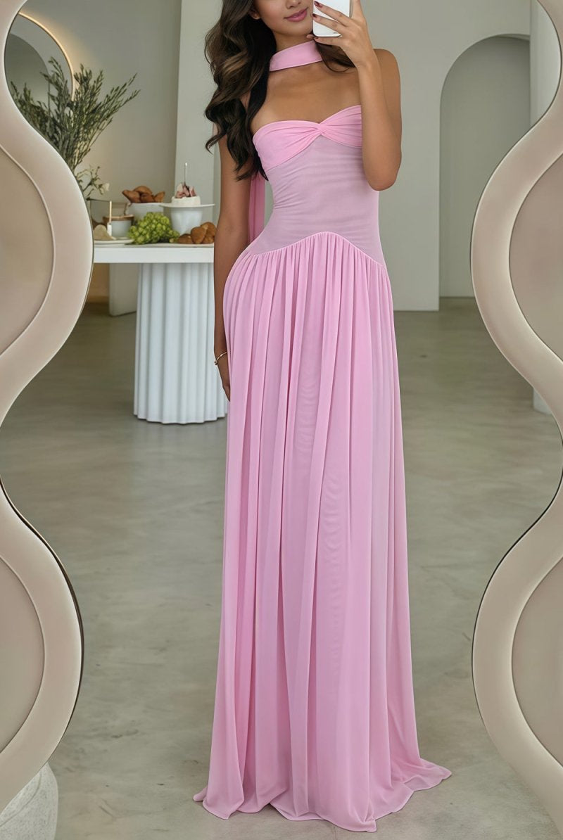 Kiora | Pink - Strapless A Line Chiffon Pleated Long Prom Dresses - KissProm