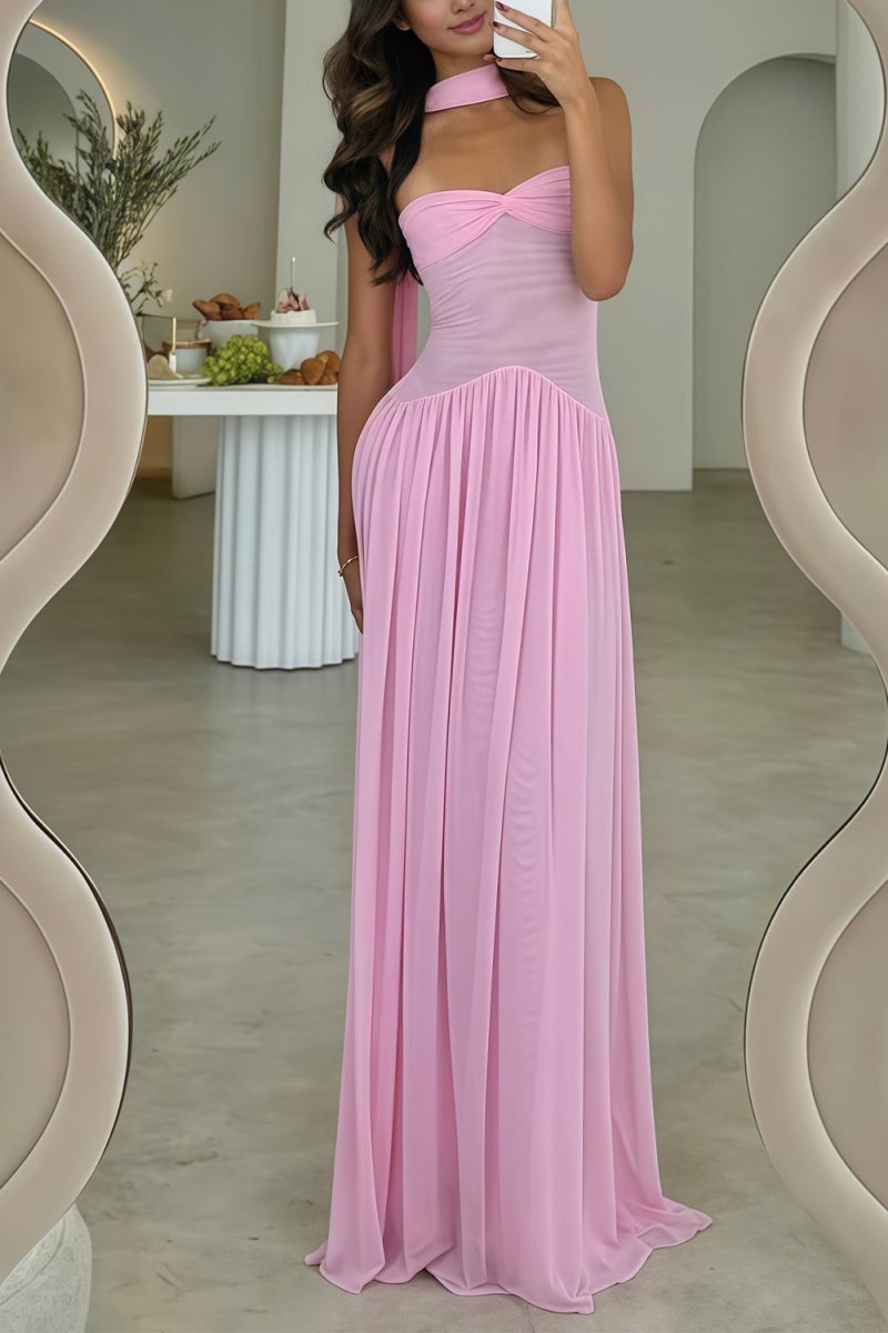 Kiora | Pink - Strapless A Line Chiffon Pleated Long Prom Dresses - KissProm
