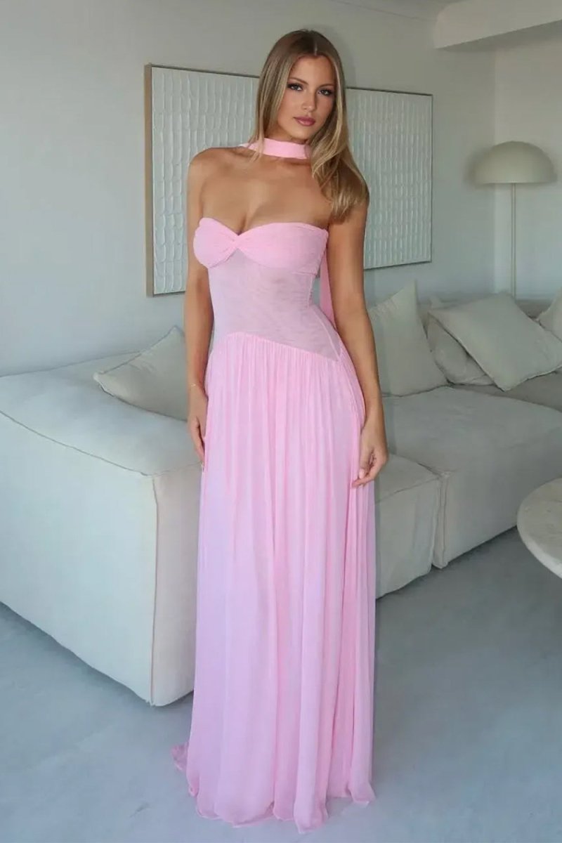 Kiora | Pink - Strapless A Line Chiffon Pleated Long Prom Dresses - KissProm