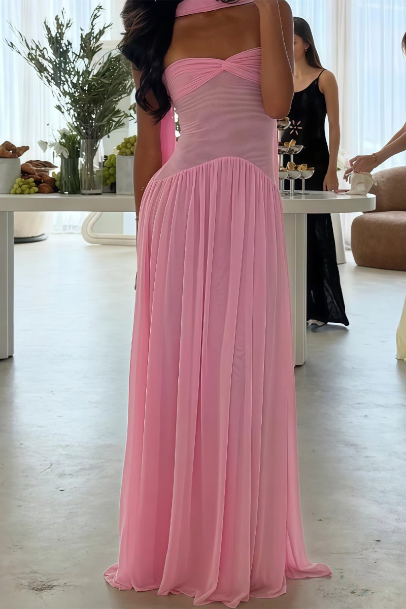 Kiora | Pink - Strapless A Line Chiffon Pleated Long Prom Dresses - KissProm