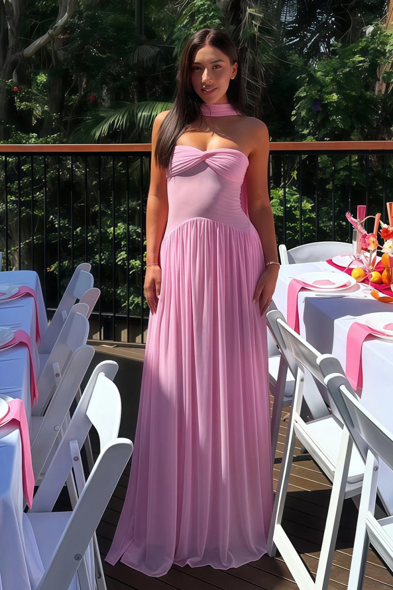 Kiora | Pink - Strapless A Line Chiffon Pleated Long Prom Dresses - KissProm