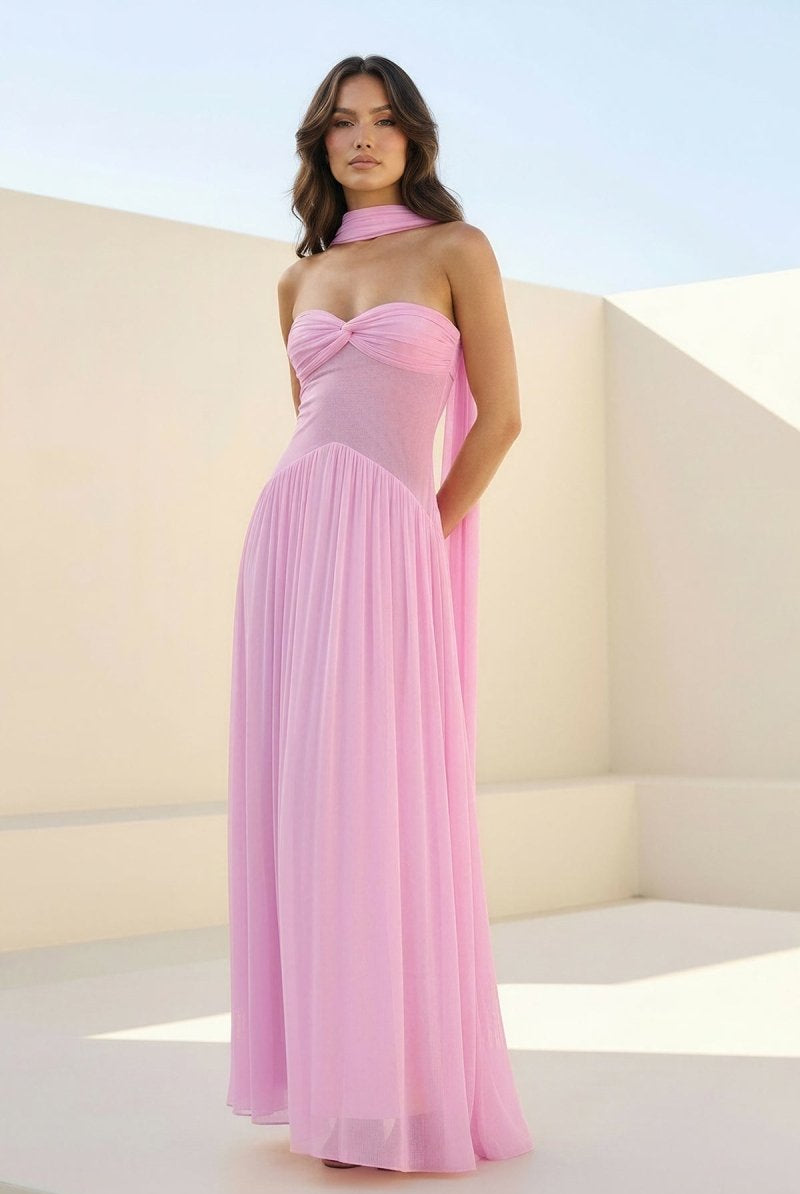 Kiora | Pink - Strapless A Line Chiffon Pleated Long Prom Dresses - KissProm