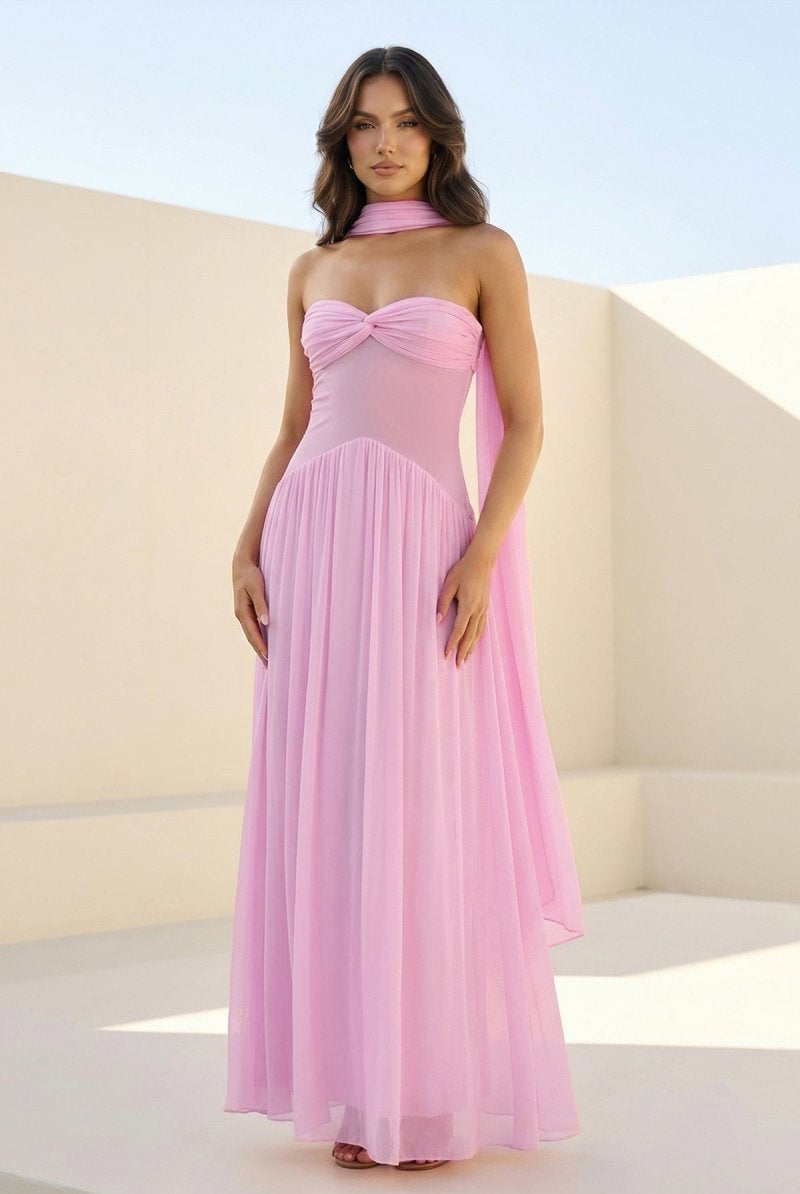 Kiora | Pink - Strapless A Line Chiffon Pleated Long Prom Dresses - KissProm