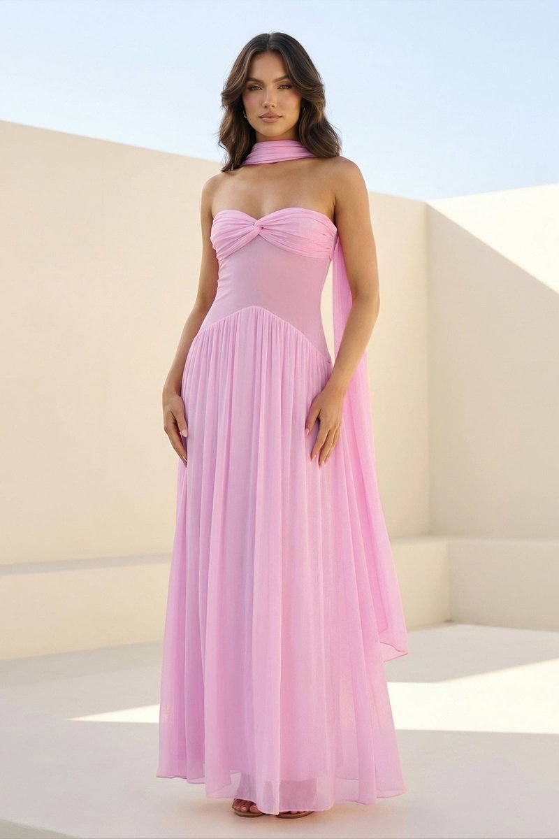 Kiora | Pink - Strapless A Line Chiffon Pleated Long Prom Dresses - KissProm