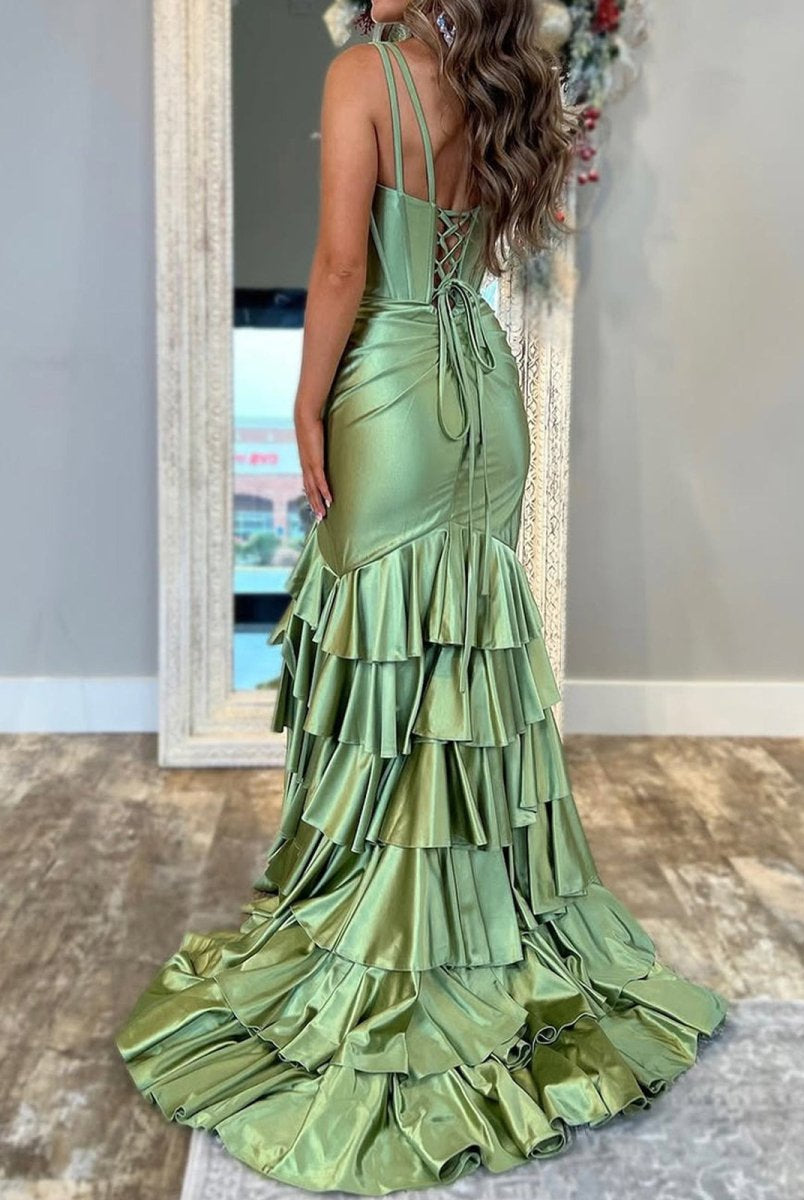 Kiran | Mermaid Sage V Neck Satin Long Prom Dress With Ruffle Skirt