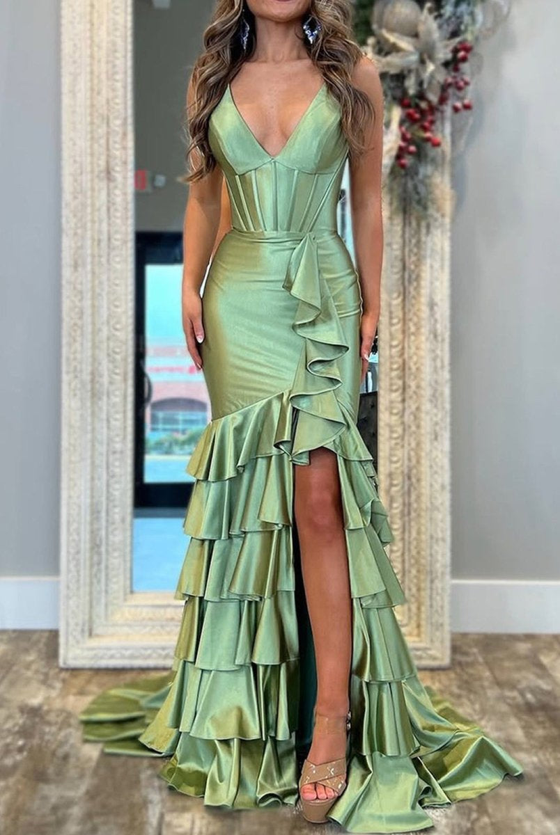 Kiran | Mermaid Sage V Neck Satin Long Prom Dress With Ruffle Skirt