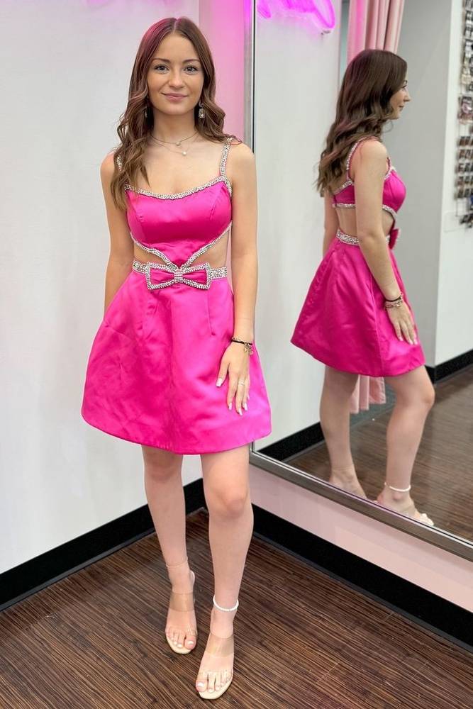 Kiro | Spaghetti Straps Blue Cutout Homecoming Dress with Bow