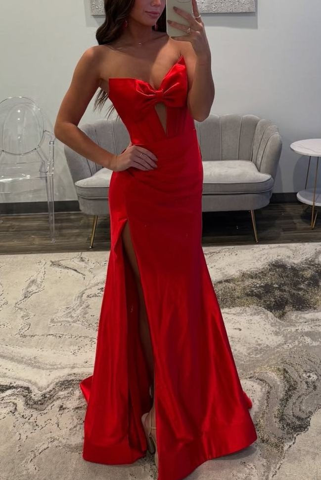 Konrad | Mermaid V-Neck Bow Satin Pleated Slit Long Prom Dresses