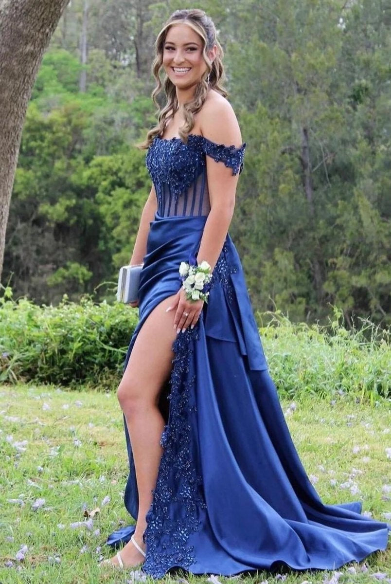 Korla | Off the Shoulder Satin Beaded Prom Dress With Appliques