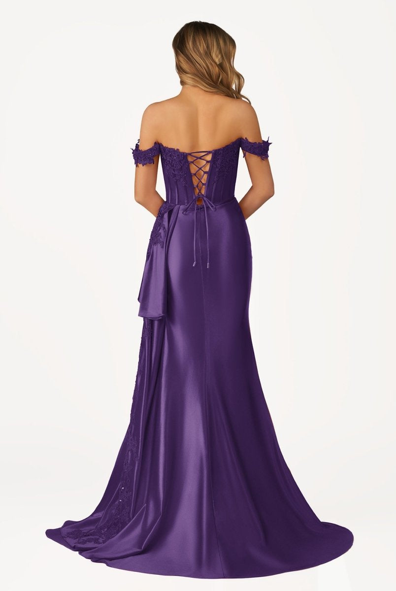 Korla | Off the Shoulder Satin Beaded Prom Dress With Appliques