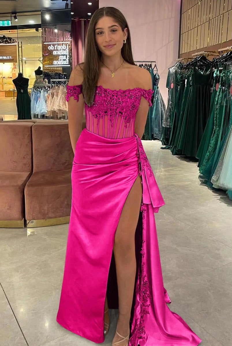 Korla | Off the Shoulder Satin Beaded Prom Dress With Appliques
