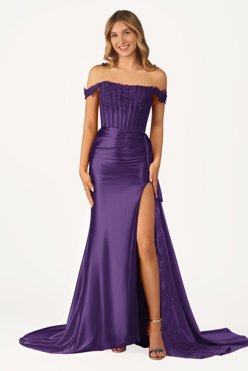Korla | Off the Shoulder Satin Beaded Prom Dress With Appliques