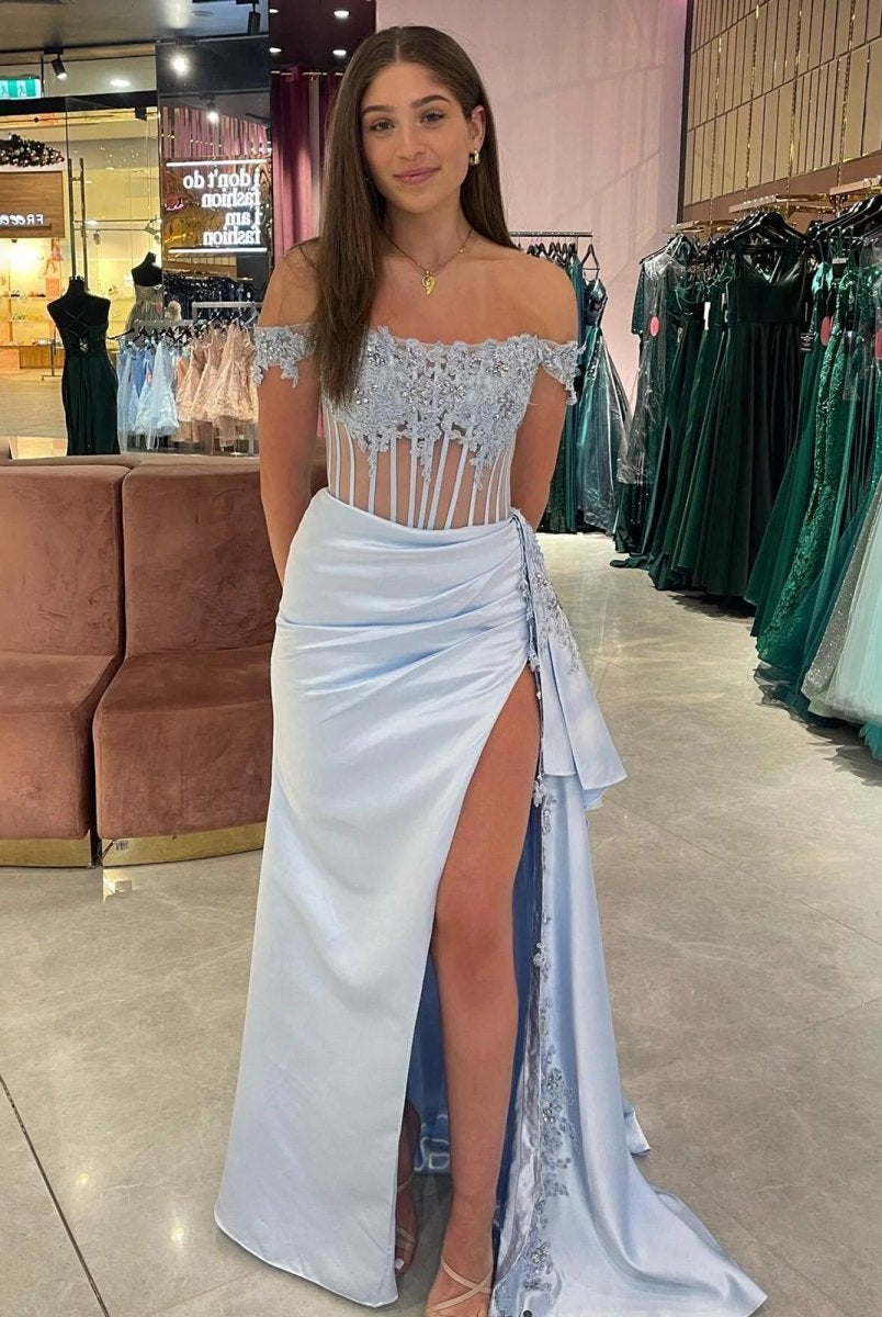Korla | Off the Shoulder Satin Beaded Prom Dress With Appliques