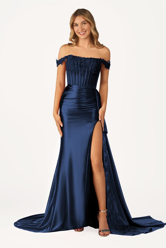 Korla | Off the Shoulder Satin Beaded Prom Dress With Appliques