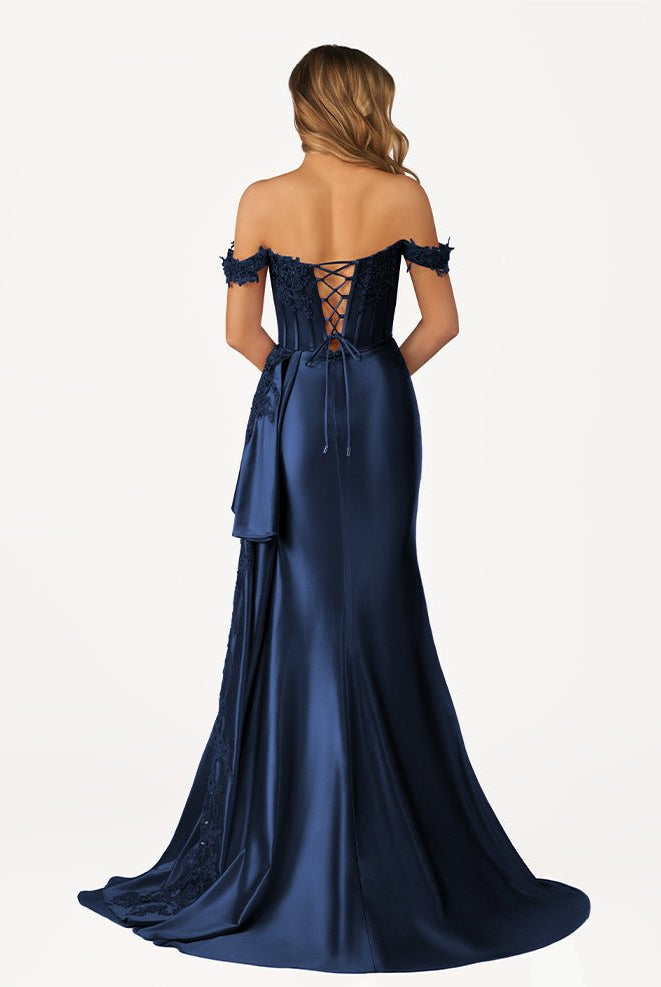 Korla | Off the Shoulder Satin Beaded Prom Dress With Appliques