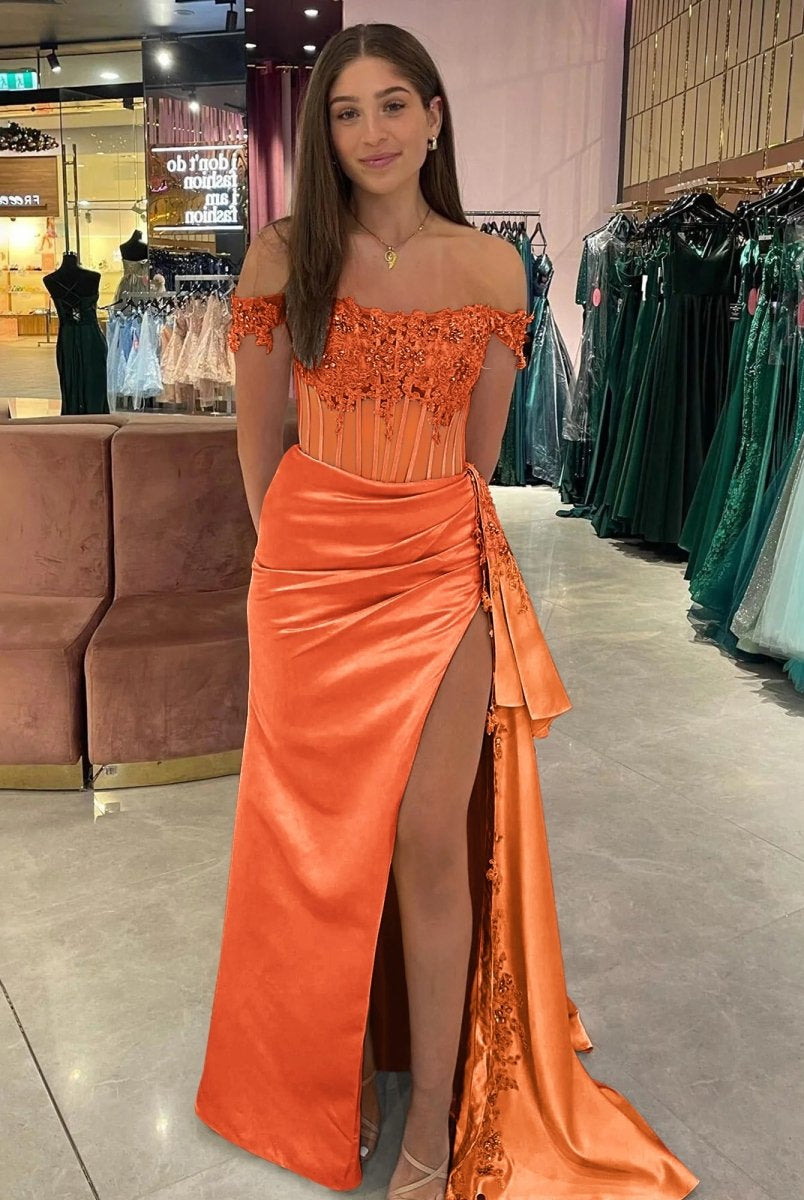 Korla | Off the Shoulder Satin Beaded Prom Dress With Appliques