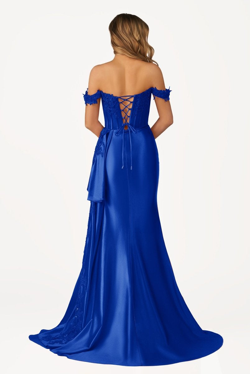Korla | Off the Shoulder Satin Beaded Prom Dress With Appliques