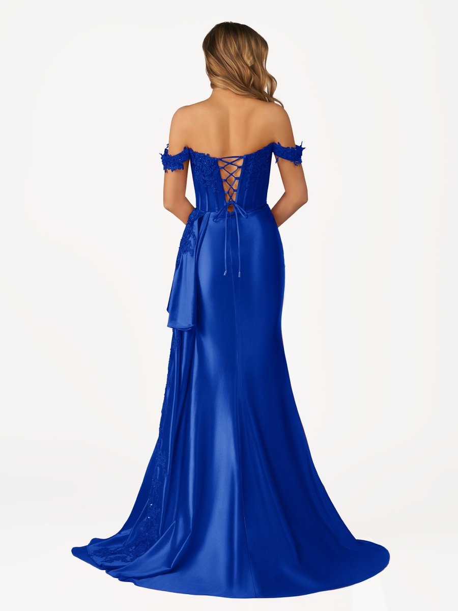 Korla | Off the Shoulder Satin Beaded Prom Dress With Appliques