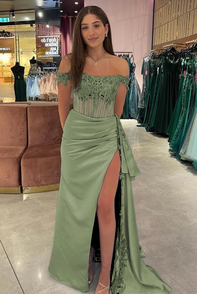 Korla | Off the Shoulder Satin Beaded Prom Dress With Appliques