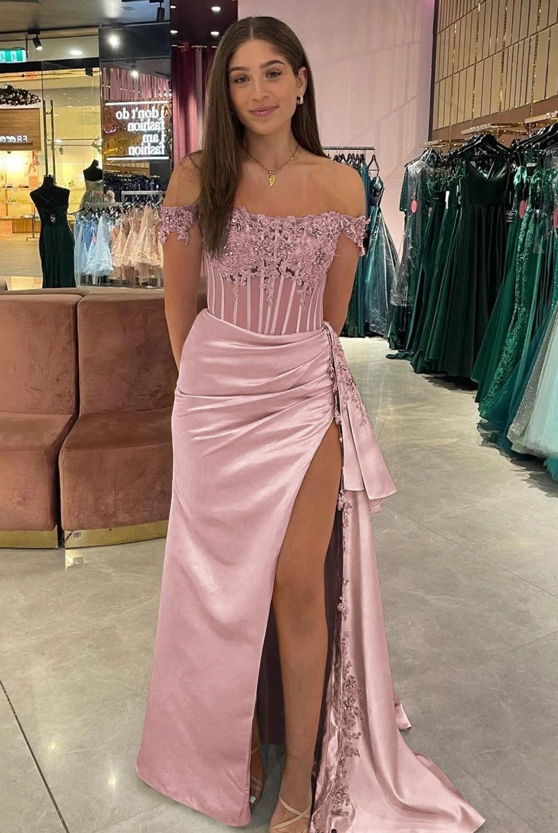 Korla | Off the Shoulder Satin Beaded Prom Dress With Appliques