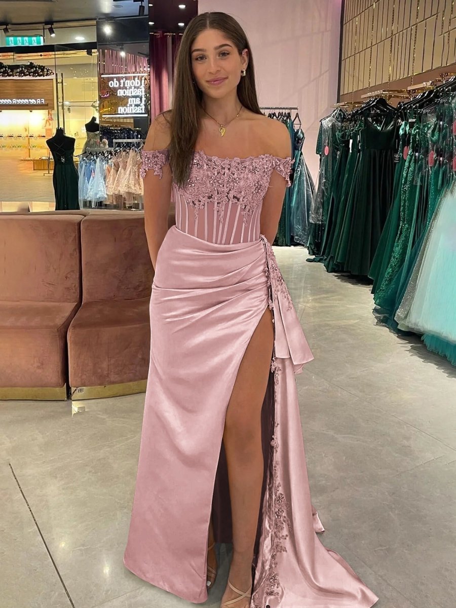 Korla | Off the Shoulder Satin Beaded Prom Dress With Appliques